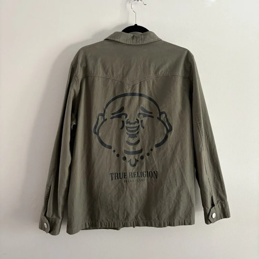 True Religion Men S Olive Green Casual Button Front Buddha Logo Military Jacket